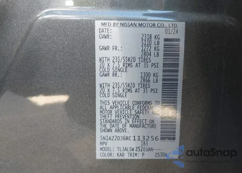 2024 Nissan Murano Platinum Fwd z USA, uszkodzony, nr VIN 5N1AZ2DJ6RC113256